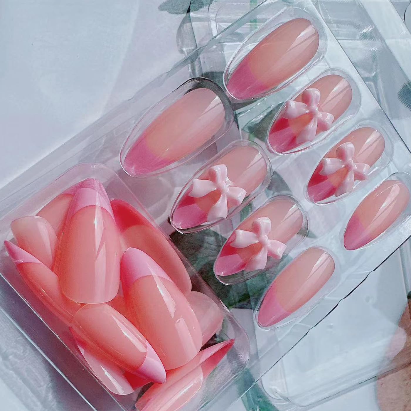 24Pcs French Tip Press on Nails Fake Nails with Pink Bow Design Gloss Short Almond-Shaped False Nails Cute Bow Press ons Stick on Nails Acrylic Artificial Fingernails for Women Girls - Image 5