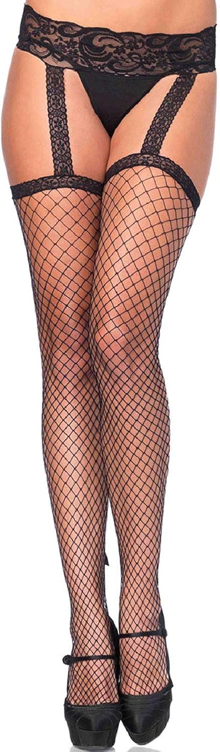 Leg Avenue Women's Backseam Ankle Bow Fishnet Stockings with Attached Garter Belt, O/S, Industrial Black: Pantyhose: Clothing