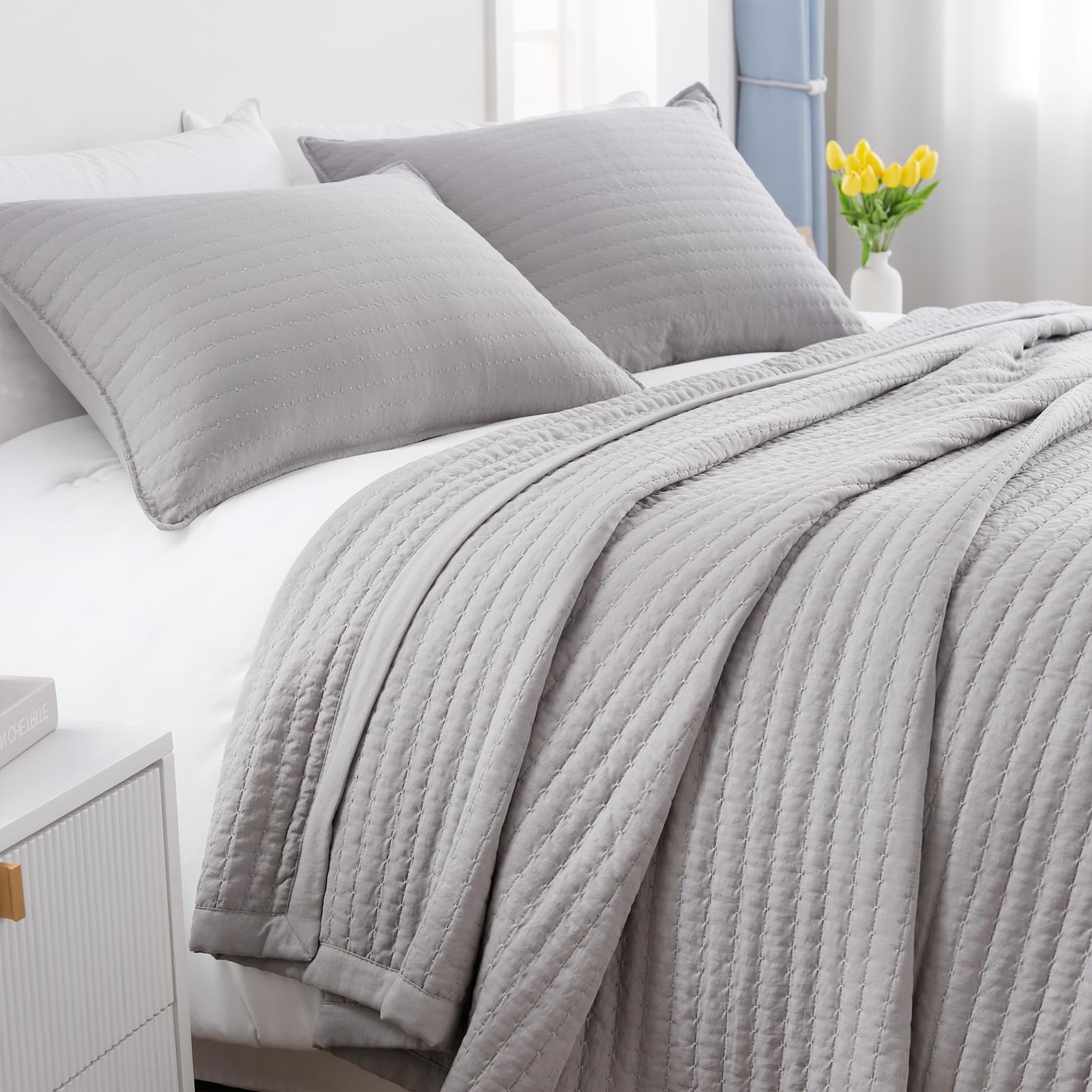 Photo 1 of King Quilt Set – 104"x90" Soft Washed 3-Layer Lightweight Bedspread with Multi-Lock Quilting, Minimalist Nordic Bedding, All-Season Quilt Set for Spring & Summer (1 Quilt + 2 Pillow Shams), Grey