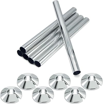 Apragaz 6 Pcs Radiator Pipe Covers 15mm x 200mm and 16mm Collars Silver