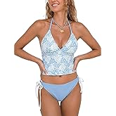 CUPSHE Women's Tankini Set Swimsuit Cute Halter Strap Color Block Bathing Suit Mid Rise String Side Tie Swimwear 2026