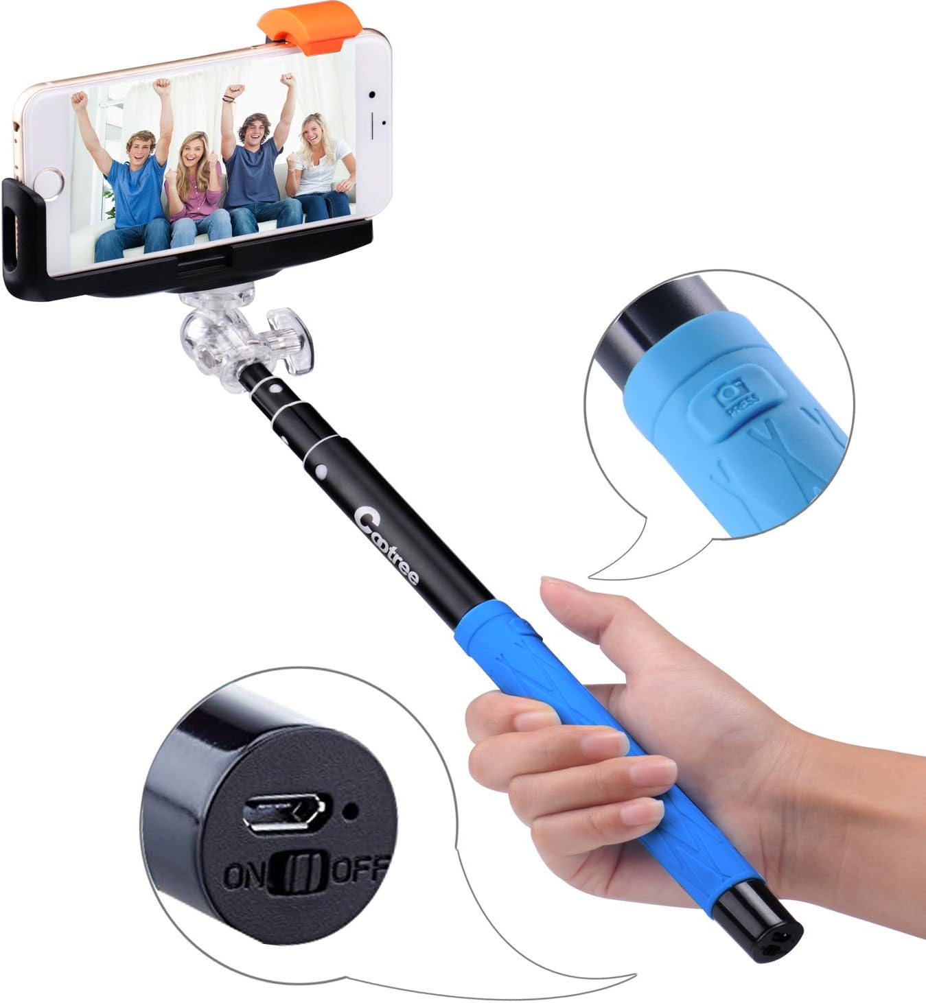 Extendable Selfie Stick -Cootree Z07, Self-portrait Monopod with Bluetooth Remote Shutter built-in for iPhone 6, 6 plus, 5 S, 5 c, 5, 4 S, SAMSUNG Note4, Note 3, 2, Note Galaxy S5, S4, S3, LG & Blackberry etc., IOS and Most Android Smartphone (Black&Blue)