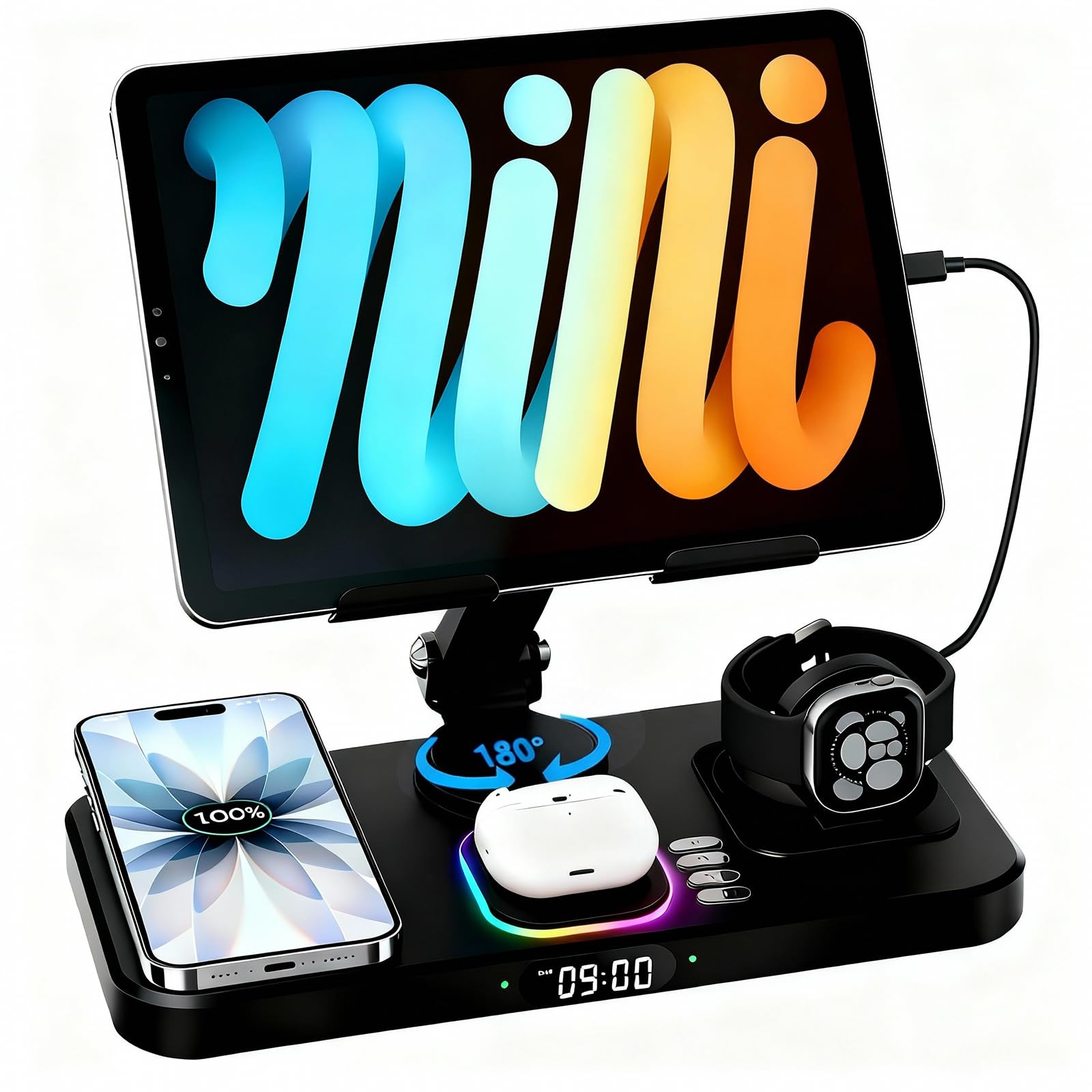 Photo 1 of 30W Charging Station for Apple Products, Foldable Wireless Charger with Clock Display&7 Color Light, Wired Charging for iPad/Tablet Charging Station for iPhone17, for Apple Watch11 for AirPods4(Black