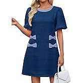 Wenrine Womens Summer Mini Dress Casual Tweed Short Sleeve Bow Work Business Dresses with Pockets