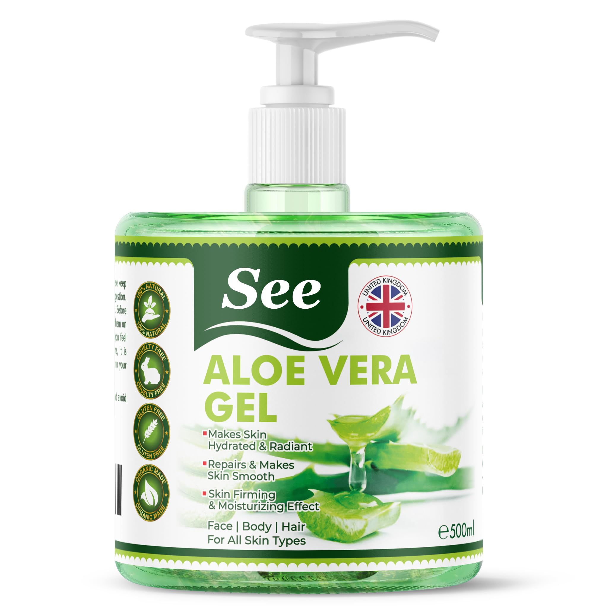 Organic Aloe Vera Gel for Face, Hair and Body - 99.75% Pure, Natural Soothing Hydrating Moisturiser Aloe Gel Rich in Vitamins - Great as After Sun Lotion for All Skin Types (500 ml).