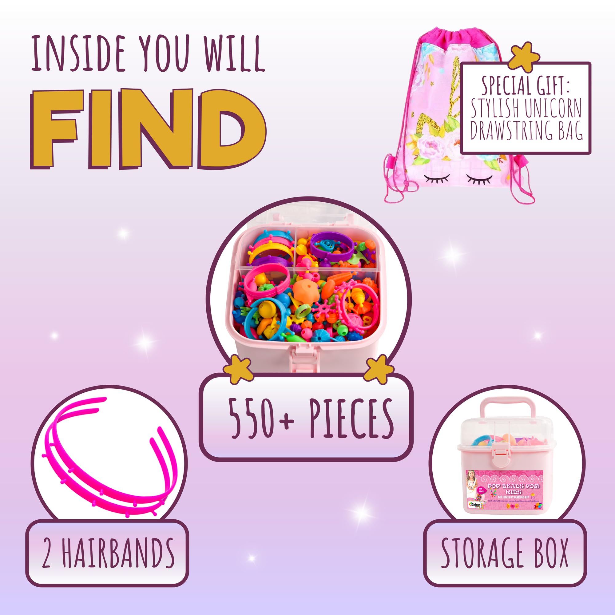 Orian Pop Beads Jewelry Making Kit for Girls, 550+ Piece Set for Girls Ages 3 and Up,Colorful Snap Beads,Bracelet,Necklaces and Rings Unicorn Gift Bag