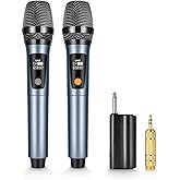 Meloace Rechargeable Wireless Microphone, Two Metal UHF Microphones with 1/4" Receiver, Plug-and-Play for Karaoke Singsing, Lecture, Stage Performance, PA System (Light Blue)