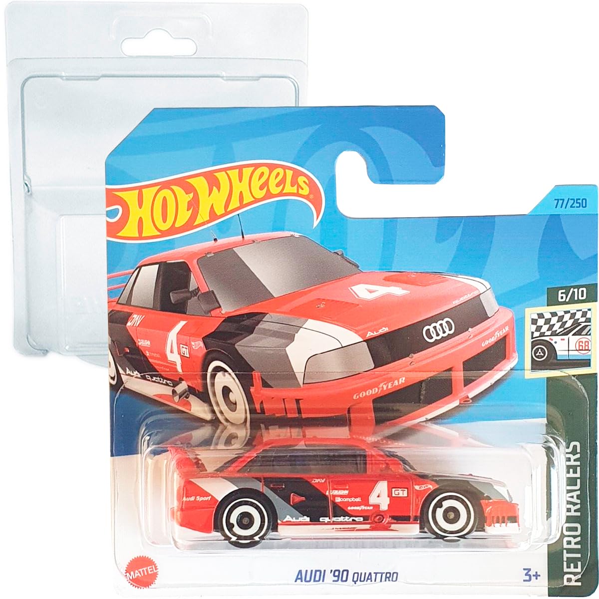 Hot Wheels Audi '90 Quattro Retro Racers 6/10 (77/250) HKJ81 Short Card Mattel 2023 + Blister & Card Protector Pack Friki Monkey, 90 Audi Quattro Red