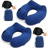 Glyzia 2 Pack Inflatable Travel Neck Pillows for Airplanes, Head Support Velvet Adult Neck Pillows for Long Flight, Kit with Eye Mask, Earplugs and Storage Bag, 2, Navy Blue