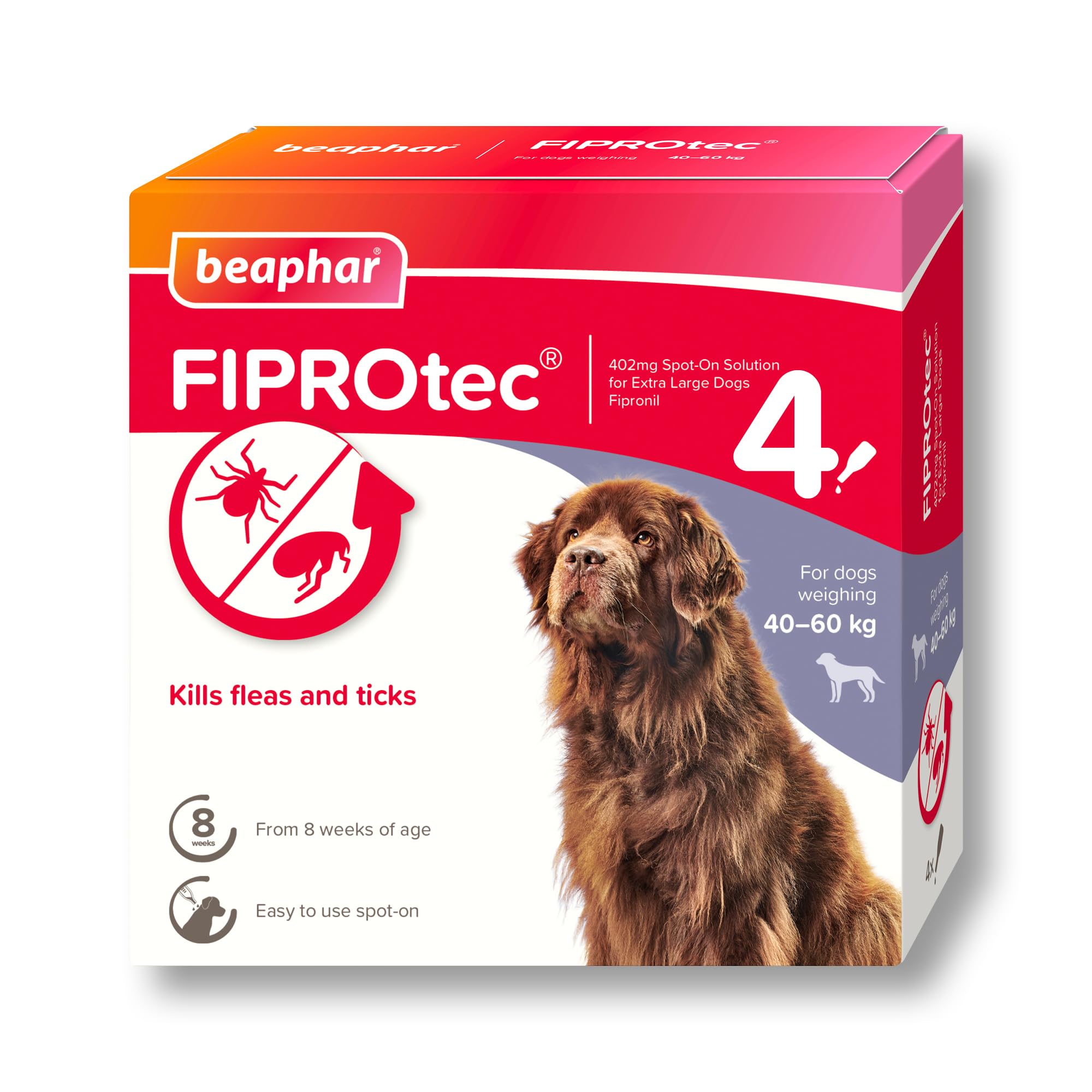 Beaphar - FIPROtec Spot-On Flea & Tick Treatment for Extra Large Dogs 40-60kg – 4 Pipettes - Kills Fleas & Ticks – Veterinary Medicine - Easy to Apply Monthly - For Dogs & Puppies from 8 Weeks Old