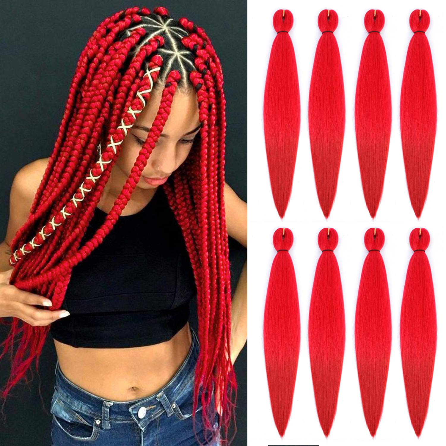 Originea 8 Packs Pre Stretched Braiding Hair 26 inch Yaki Texture EZ Braids Extensions Hair for Braiding Hot Water Setting Synthetic Hair Extensions (#Red)