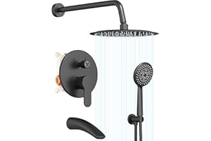 Gabrylly Shower System with Tub Spout, Black Bathtub Shower Faucet Set with 3-Way Pressure Balance Valve Kit, 10" Rain Head with Handheld Spray, Matte Black