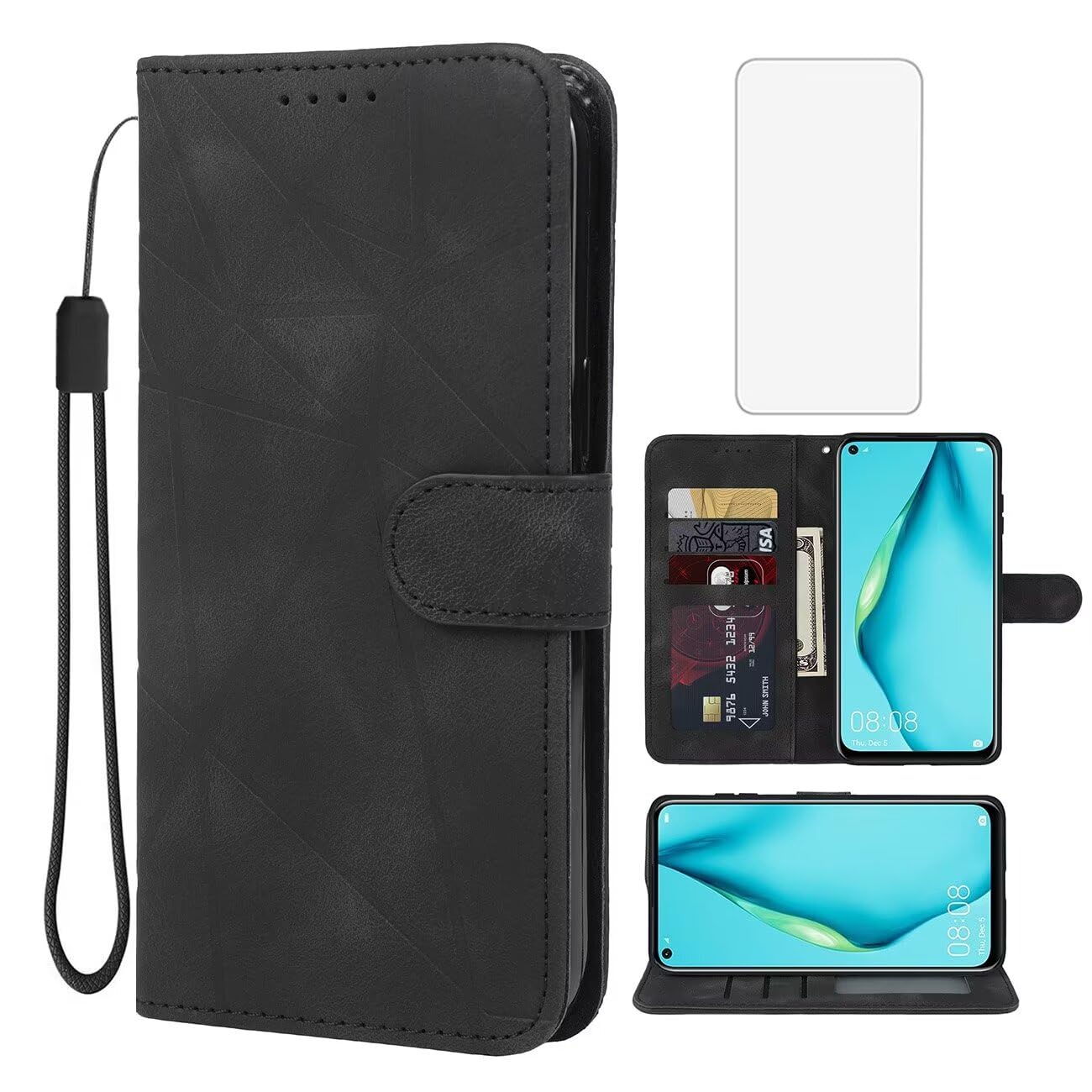 Wanyuexes Case for Huawei P40 Lite/Nova 6 SE/Nova 7i JNY-L21A Wallet Case with Tempered Glass Screen Protector, Skin Feel Leather Flip Credit Card Holder Stand Phone Cover for Huawei P40 Lite 4G Black