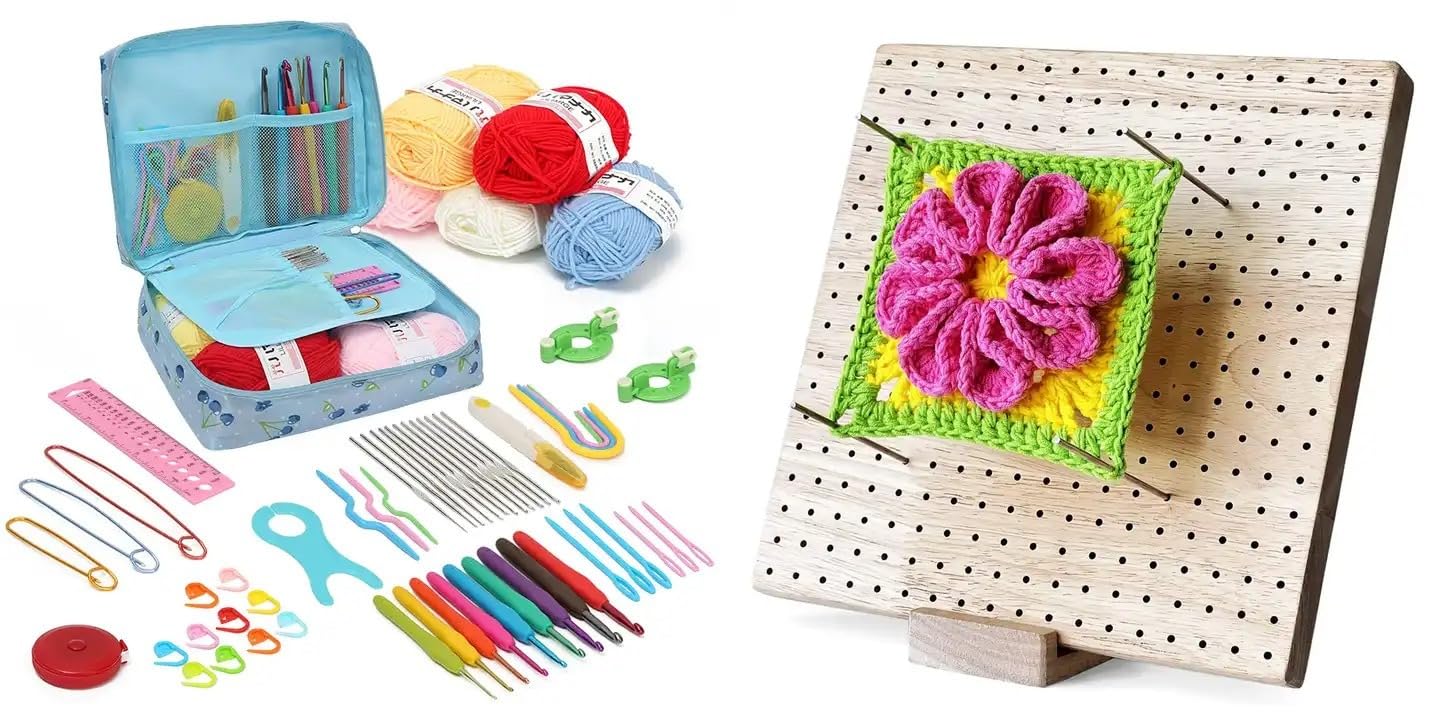 Crochet Bundle- Crochet Wooden Blocking Board with 20 Steel pins + Crochet Starter kit for Beginners. Blue Cherry Bag with Knitting Accessories