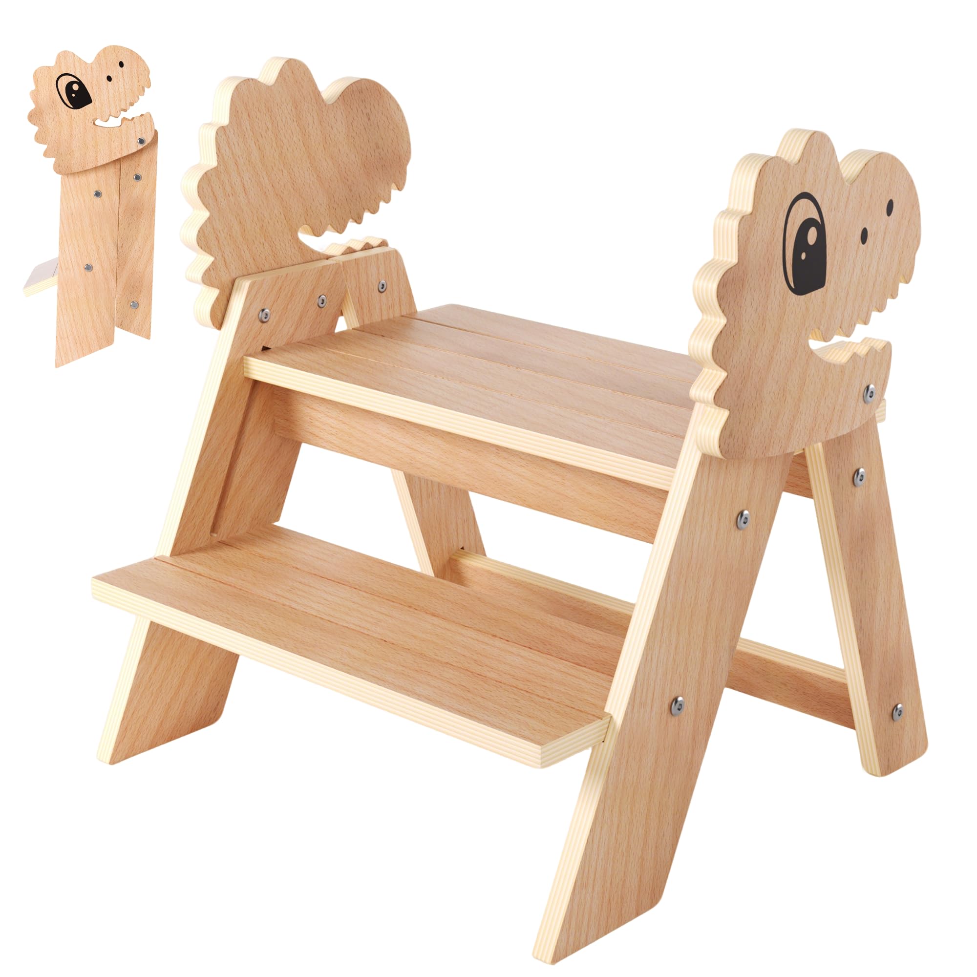 Photo 1 of Novarieth Beech Wooden Toddler Step Stool, 2-Step Foldable Stool for Kids with Non-Slip Surface, Baby Bathroom Stool for Potty Training, Bathroom Sink, Kitchen Counter with Cute Dinosaur Design
