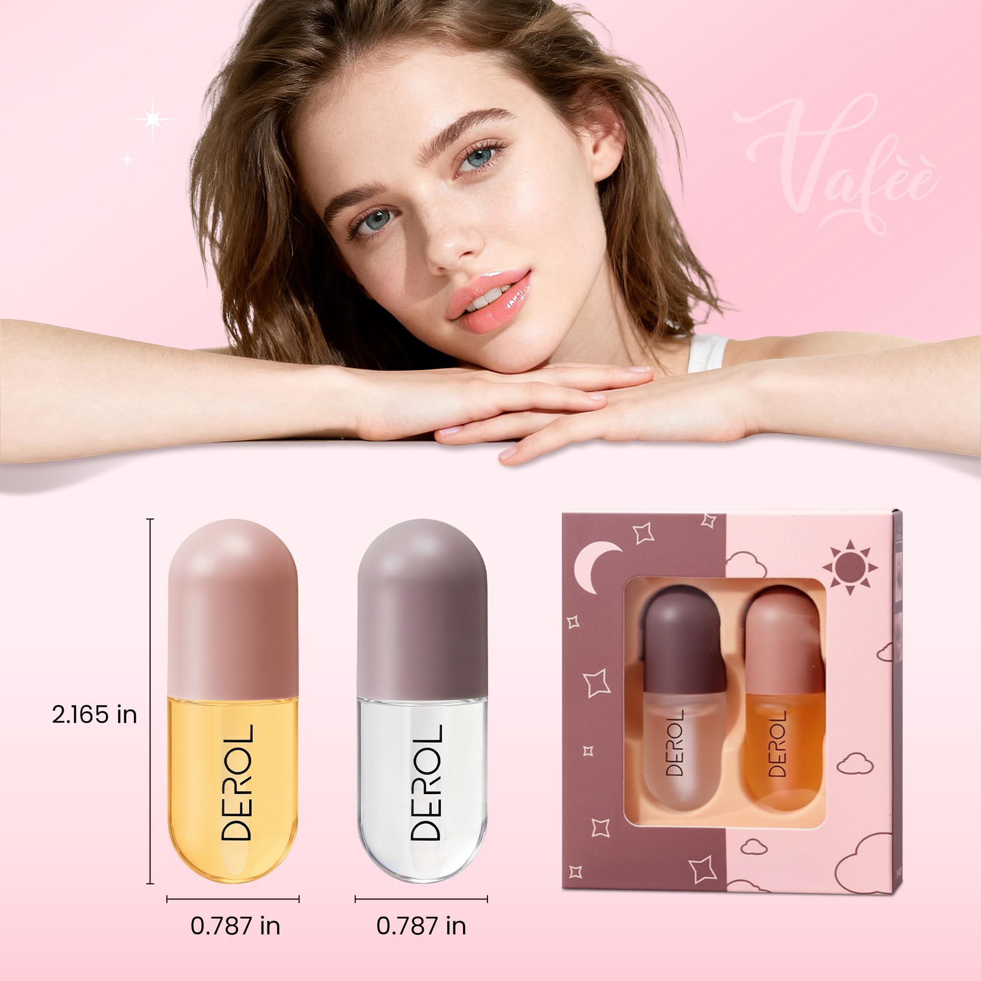 DEROL Lip Plumper by Vafee, Natural Lip Plumper and Lip Care Serum, Lip Enhancer for Fuller, Lip Mask, Beautiful Fuller, Hydrating & Reduce Fine Lines 5.5ML (Day& Night)