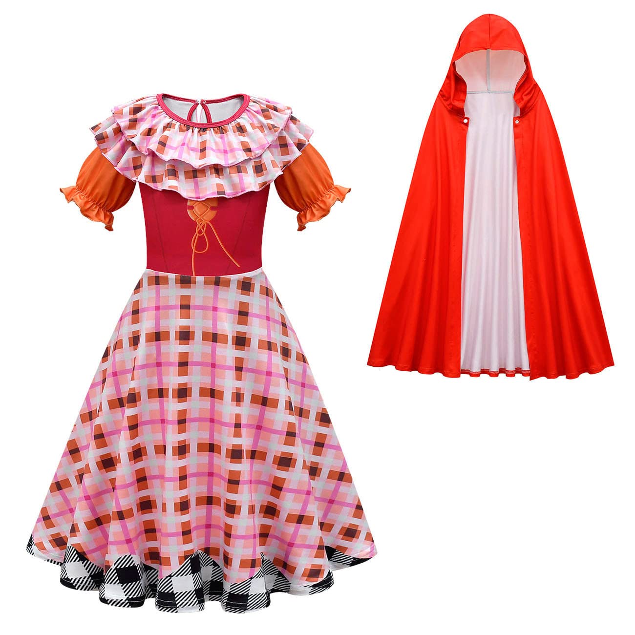 IBTOM CASTLE Sanderson Sisters for Girls,Kids Sarah Mary Winifred Sanderson Outfit Cape Child Party for Teen Orange Pink+Cloak 6-7 Years