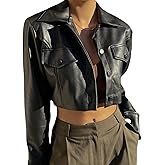 ZGMYC Women's Faux Leather Crop Jacket Button Down Long Sleeve Casual Jacket Outerwear Short Coat Streetwear