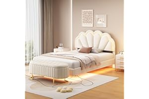 Polibi 2-Pieces Bedroom Sets Full Size Upholstered LED Platform Bed with Storage Ottoman-Velvet,Beige