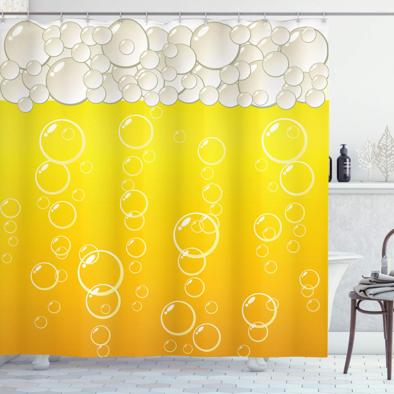 ABAKUHAUS Abstract Shower Curtain, Close up Bubbles and Beer Macro Alcohol Drink Refreshment Graphic Illustration, Cloth Fabric Bathroom Decor Set with Hooks, 175 x 240 cm, Yellow White