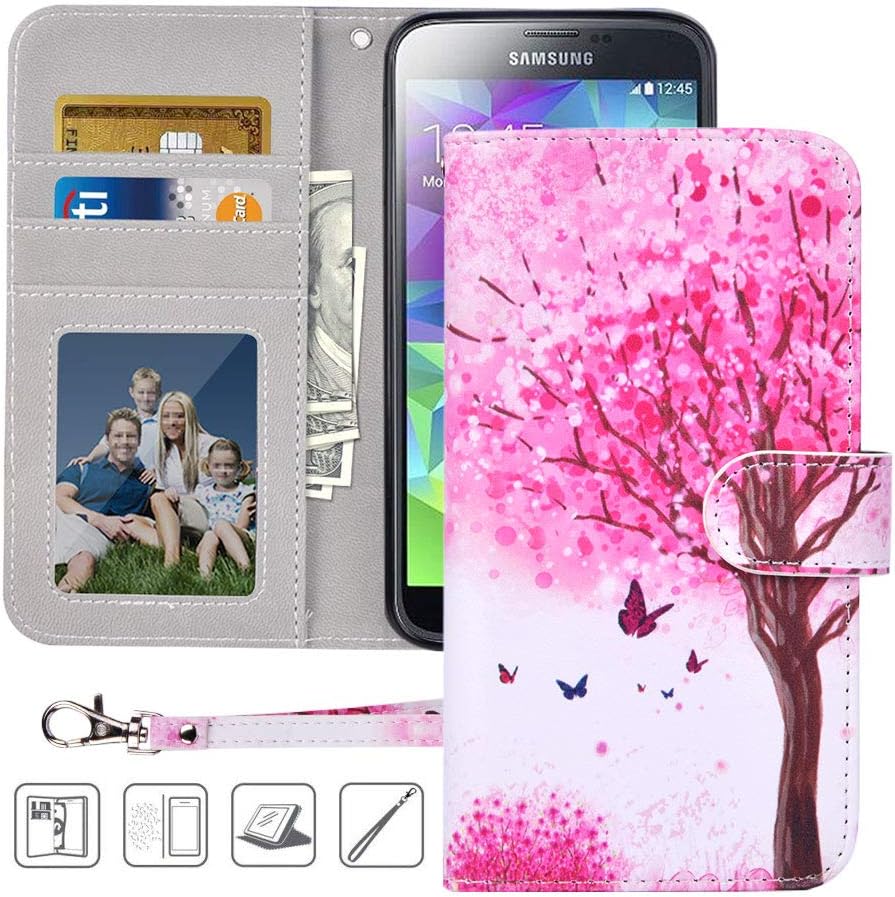 S5 Wallet Case, Galaxy S5 Case, MagicSky Premium PU Leather Flip Folio Case Cover with Wrist Strap,Card Holder, Cash Pocket, Kickstand for Samsung Galaxy S5(Pink Tree)