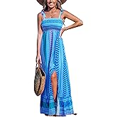 CUPSHE Women's Maxi Dress Casual Smocked Straps Paisley Ruffled Slit A Line Long Beach Summer Dress