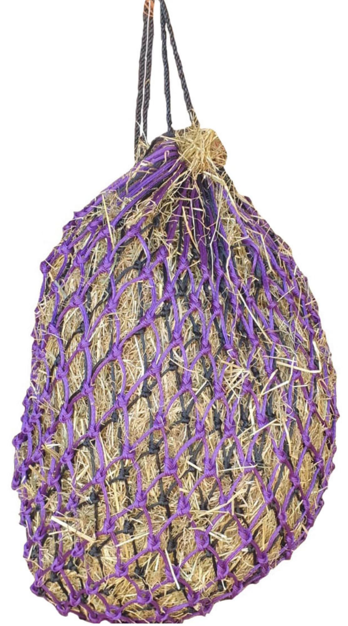 B Living Double Hay Net For Horses - Metal Ring Net Bag With Strong Mesh Holes For Greedy Horses. Daisy Equestrian Horse Accessories Haynet For Haylage, Horse Treats & Soak Hay Bale (40 Inch, Purple)