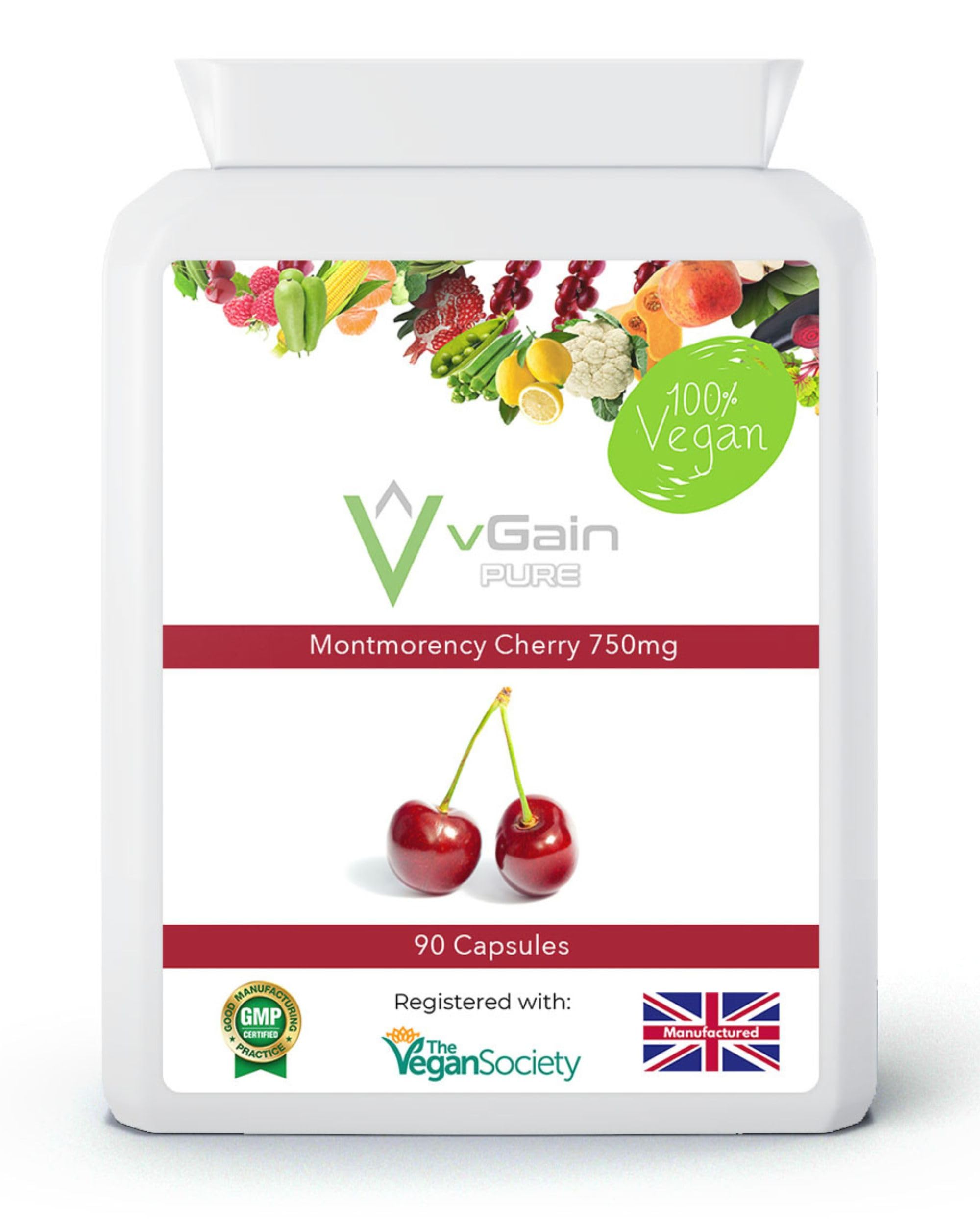 Cherry Montmorency 750mg Capsules - High Strength Sour Cherry Prunus Cerasus Extract by vGain PURE - Certified Vegan by The Vegan Society - Antioxidants - Improves Immunity & Sleep - for Men & Women
