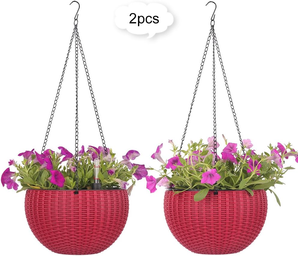 Growers Hanging Basket, Indoor Outdoor Hanging Planter Basket, 8.9 in.Round Resin Garden Plant Hanging Planters Decor Pots, Set of 2 (Red)