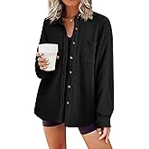 HOTOUCH Waffle Button Down Shirts for Women Dressy Casual Work Shacket V Neck Long Sleeve Lightweight Tops with Pocket