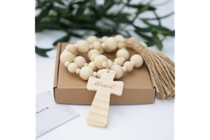 RUIRUICO Wood Bead Garland with Blessed Cross, Cross Bead Garland with Tassel, Farmhouse Beads with Cross, Beaded Cross Decor