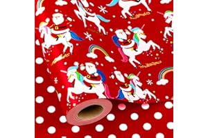 MAYPLUSS Christmas Wrapping Paper Roll - 17 Inch X 33 Feet - Reversible Fairytale Christmas Red Unicorn, Santa Claus, Rainbow, Polka Dot Design Holiday Winter Gift Wrap for Wedding, Party,Celebration