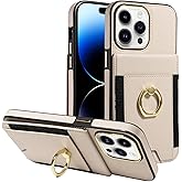 S. Tedazo for iPhone 15 Pro Max Wallet Case with Credit Card Holder and 360° Rotation Ring Stand, RFID Block Flip Leather Shockproof Cover for iPhone 15 Pro Max-Beige