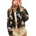 SeekMe Women's Cropped Corduroy Jacket Football Sequin Patched Short Button Raw Hem Jacket Coat