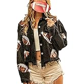 SeekMe Women's Cropped Corduroy Jacket Football Sequin Patched Short Button Raw Hem Jacket Coat