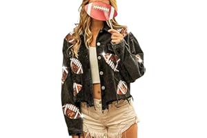 SeekMe Women's Cropped Corduroy Jacket Football Sequin Patched Short Button Raw Hem Jacket Coat