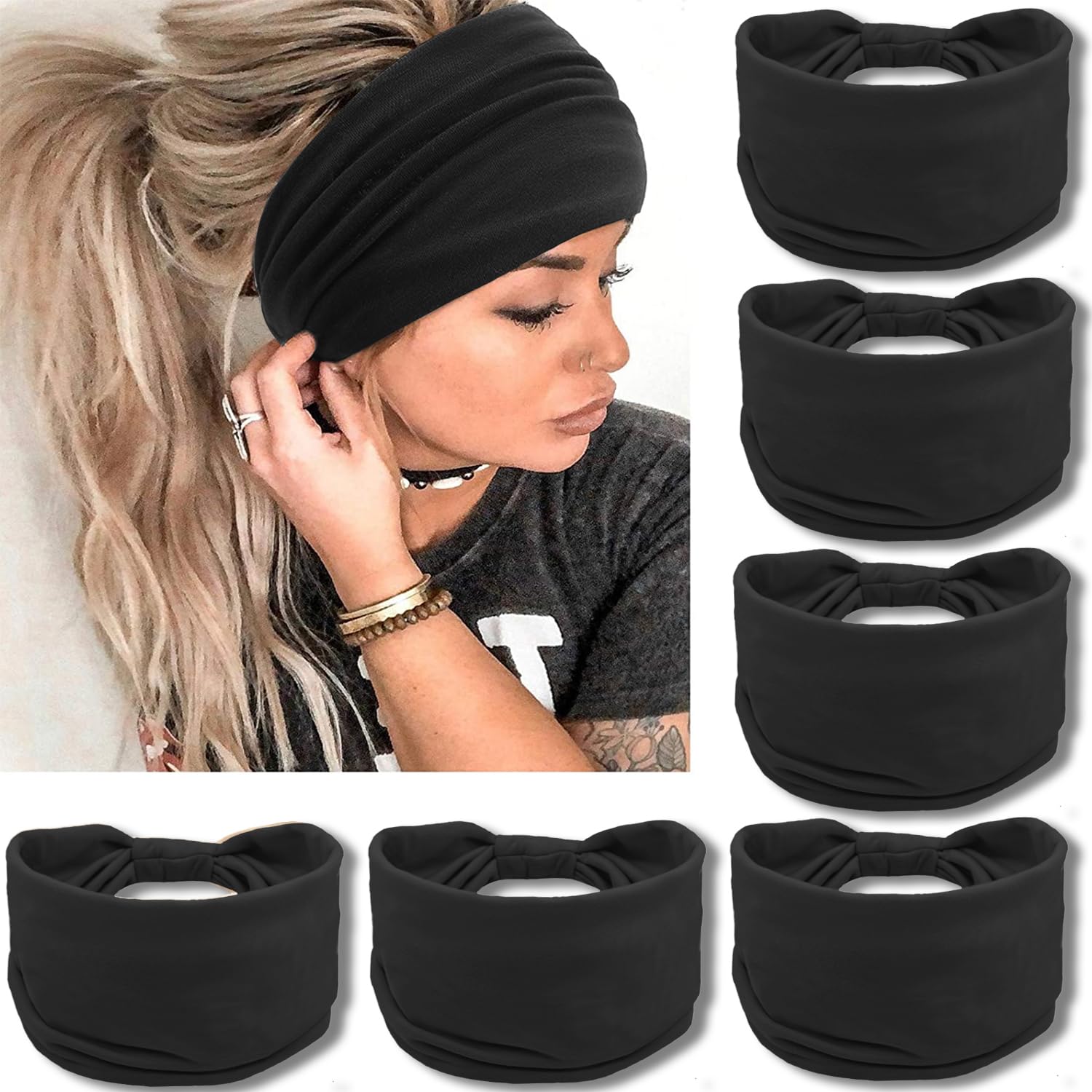 VENUSTE Wide Headbands for Women's Hair, Fashion Knotted Head Bands for Adult Women Hair Accessories, 6PCS (Black Color)