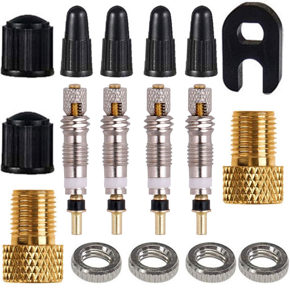 TuoTu Presta Valve Cores & Caps Kit, Schrader Adapter, Black, Universal Fit for Bicycle & Car Tires, 17 Pieces