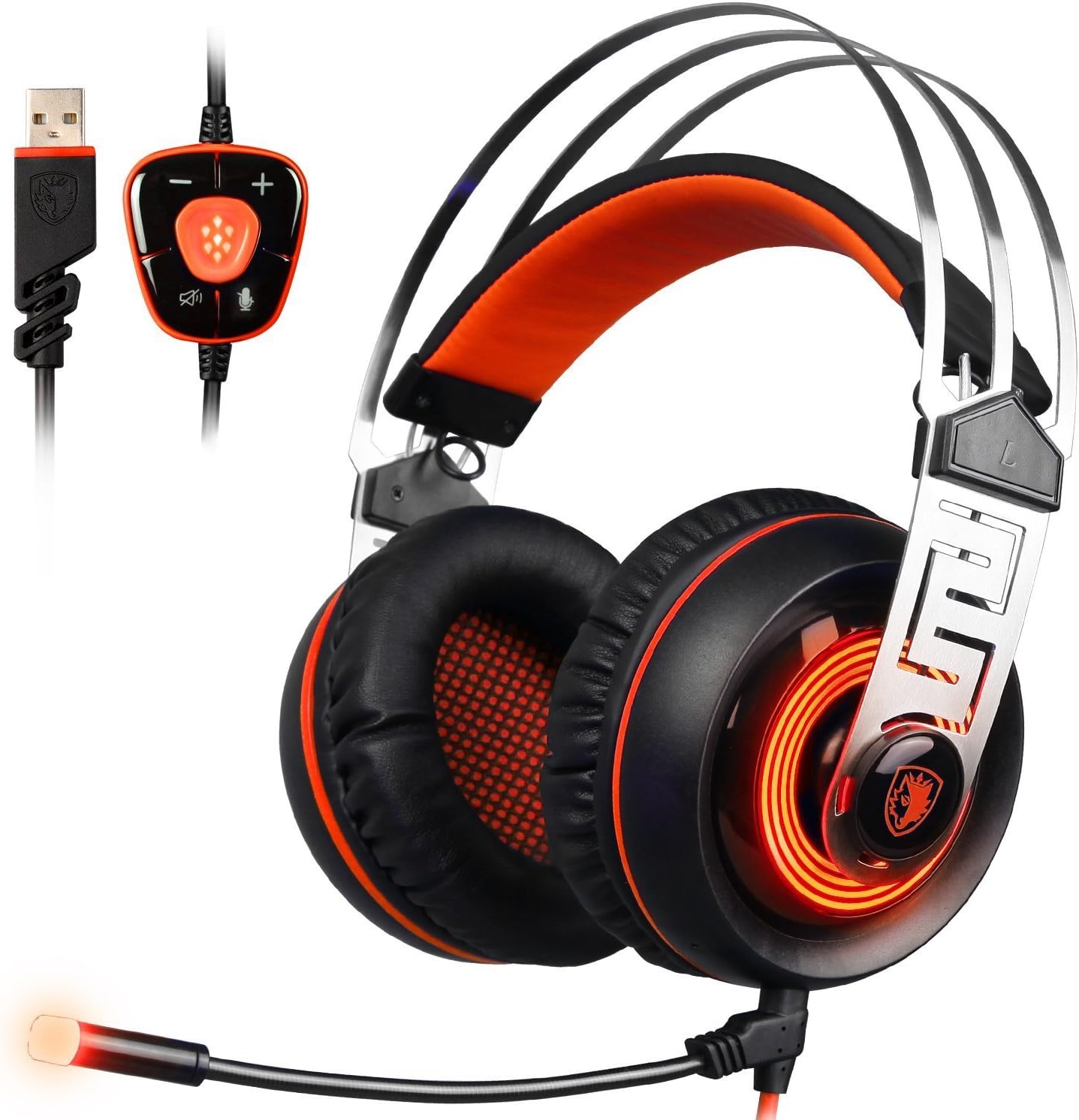 Gaming Headset , SADES A7 PC Headsets USB Gaming Headphone Over-ear Headphones with Microphone LED Lights Volume Control