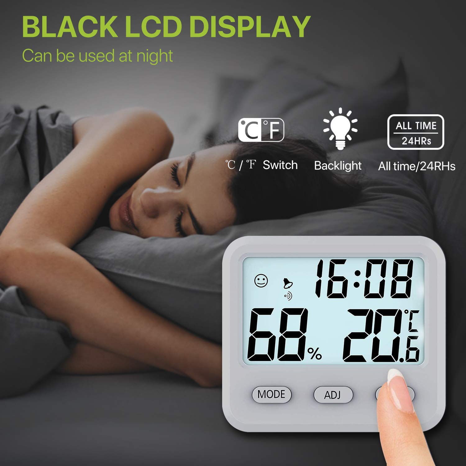 Waykar Digital Hygrometer Indoor Thermometer with Backlight for Dehumidifier, Humidity Gauge Meter Room Thermometer with Time, Date, Alarm Clock Function, Temperature and Humidity Monitor for Home