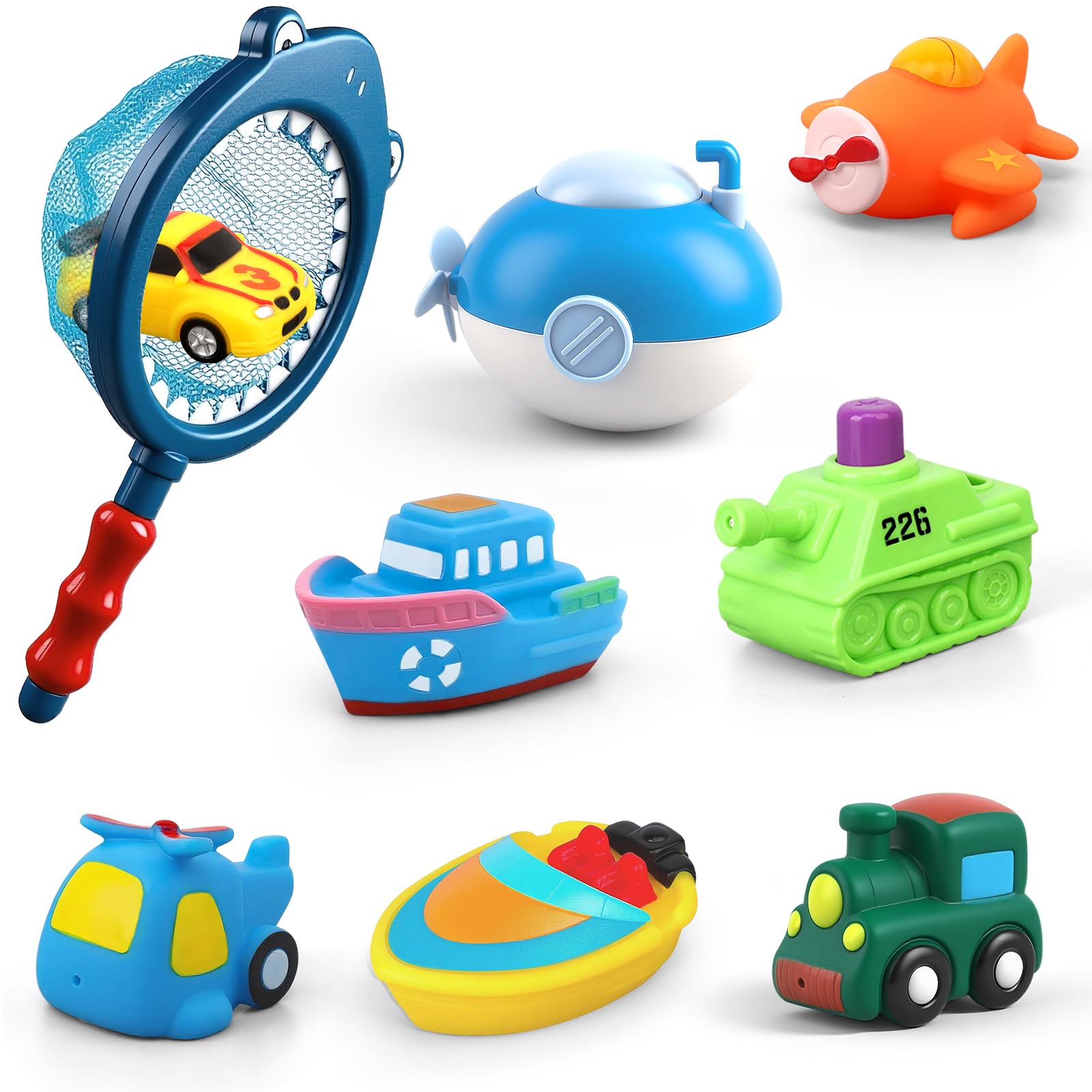 9 PCS Bath Toys for Kids Toddlers, Vehicle Train Airplane Floating Water Squirt Toys for For 1 2 3 4 Year Old Boys Girls, Baby Child Preschool Bathtub Bathroom Shower Pool Boat with Net