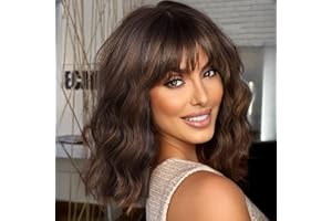 KOME Short Wavy Brown Wig with Bangs, Short Brown Highlight Bob Wigs for Women, Wavy Bob Wig with Bangs Synthetic Natural Looking Wigs 14IN