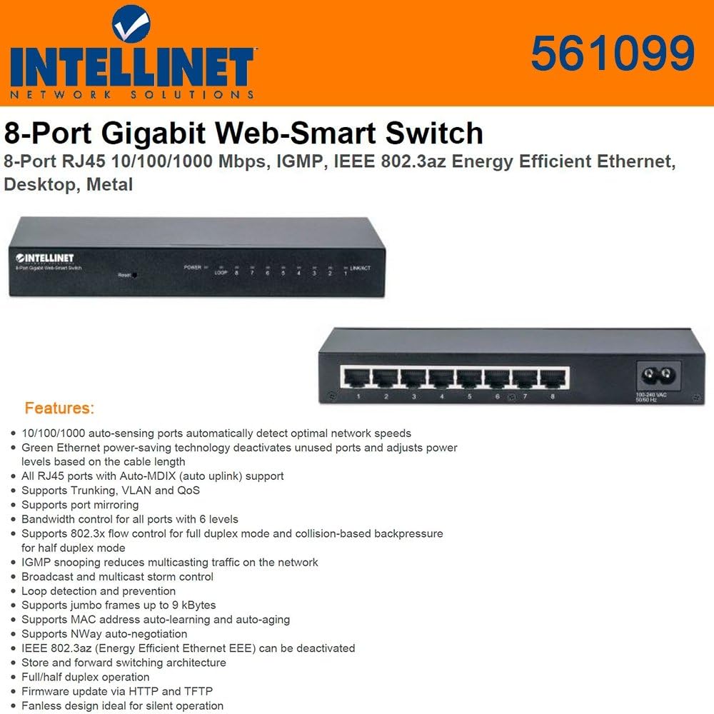 Intellinet Network (561099) 8-Port RJ45 10/100/1000 Mbps Gigabit Web-Smart Switch, Metal, IEEE 802.3az (Energy Efficient Ethernet)
