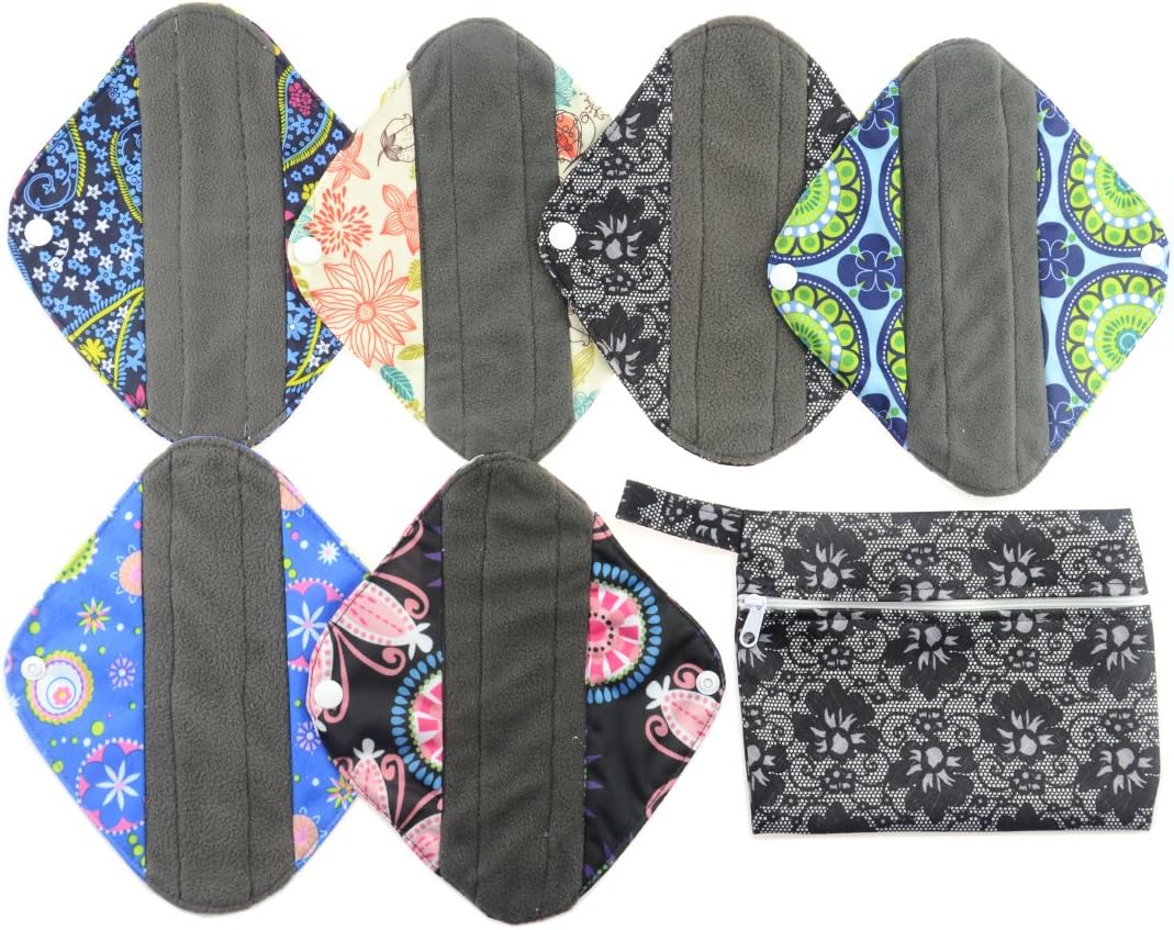 Charcoal Bamboo Reusable Cloth Menstrual Pad - 7pcs Set 1pc Mini Wet Bag +6pcs 8 Inch Mama Cloth/Menstrual Pads/Reusable Sanitary Pads/Panty Liners