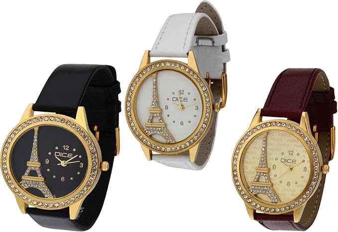 Dice -0010 Analogue Multi Color Dial Women's & Girl's Watch Leather Strap Combo Set Pack of 3