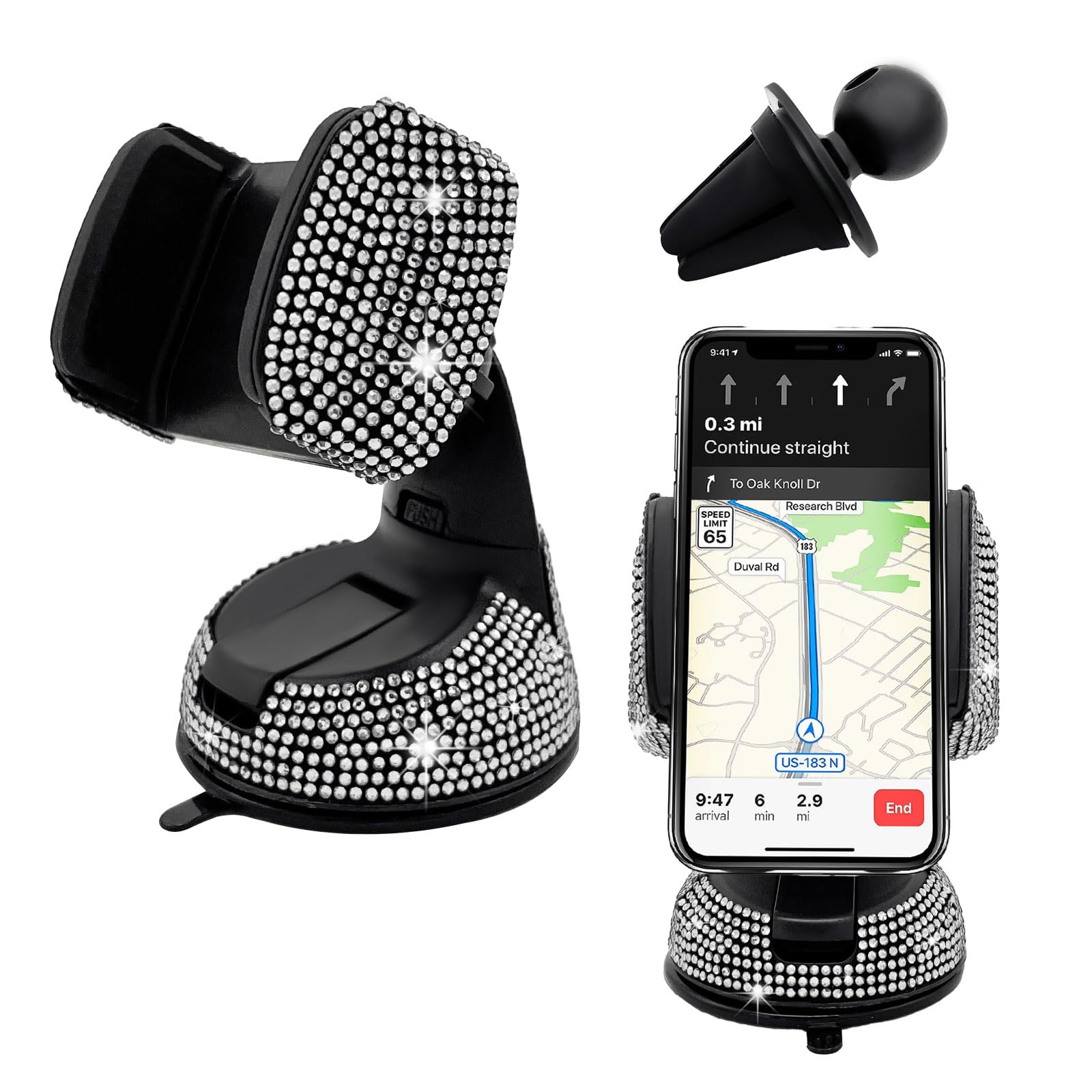 Photo 1 of *MINOR DAMAGE - USED*
Suvnie Bling Car Phone Holder, 360 Degree Adjustable Crystal Auto Dashboard Air Vent Cell Phone Mount, Universal Car Phone Holder Mount for Windshield Dashboard and Air Outlet (White)