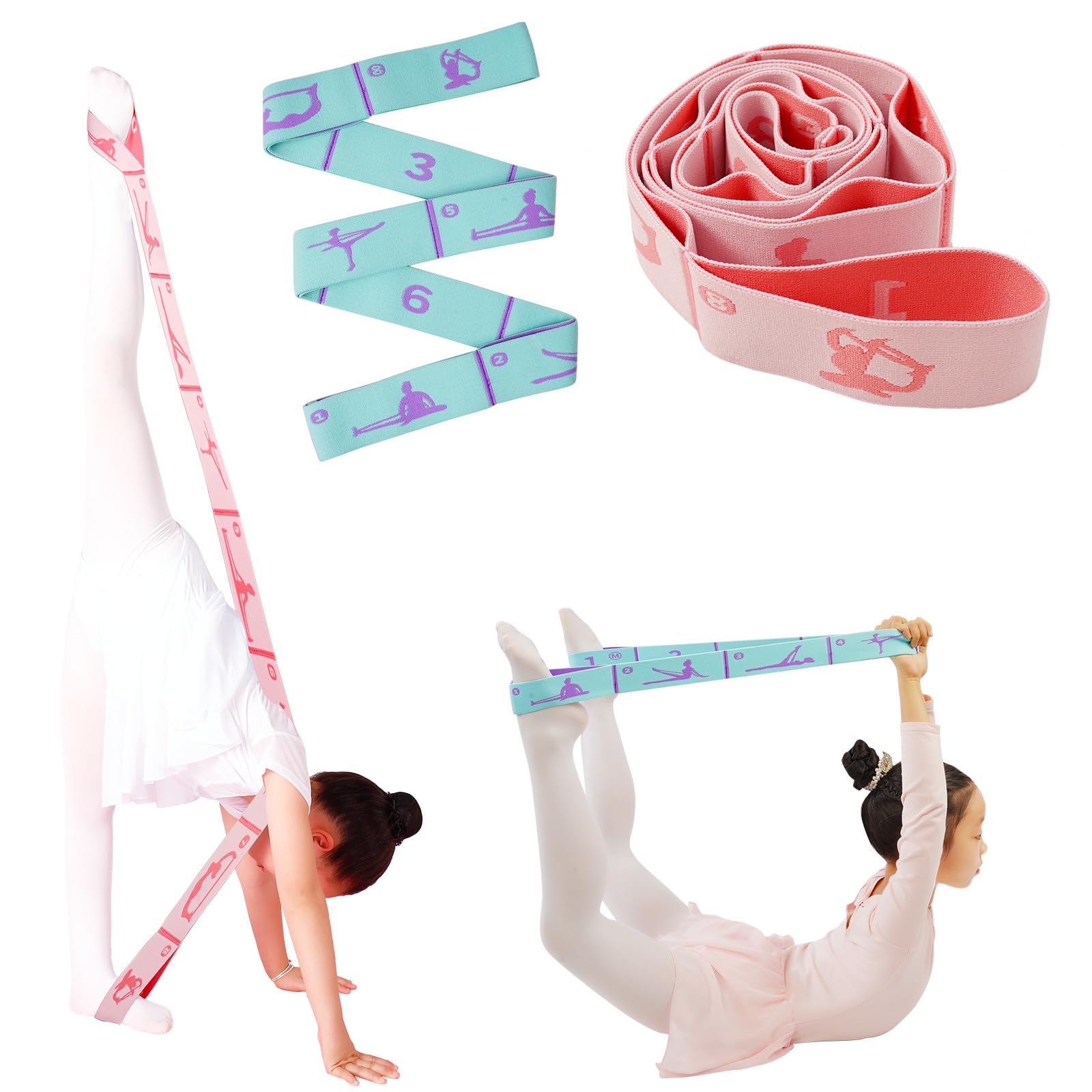 Photo 1 of 2 PCS Adjustable Extended Children's Stretching Straps with 8 Loops, Multi-Functional Elastic Stretch Bands for Gymnastics, Dance, Latin Training, Ballet, Exercise, Yoga (Blue+Pink)