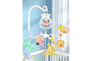BSROLUNA Baby Crib Mobile with Music and Lights, Baby Mobile for Crib with Remote Control, Hanging Rotating Animal Rattles, 50 Songs and Timing Function, Cartoon Baby Crib Toys for Girls (Baby Blue)