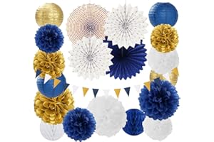 Navy-Blue White Gold Party-Decorations - 20pcs Graduation 2025 Paper Lanterns Fans,Tissue Pom Poms,Honeycomb Ball,Birthday Bridal Celebration Bachelorette Baby Shower Wedding Homecoming Decor Burgleda