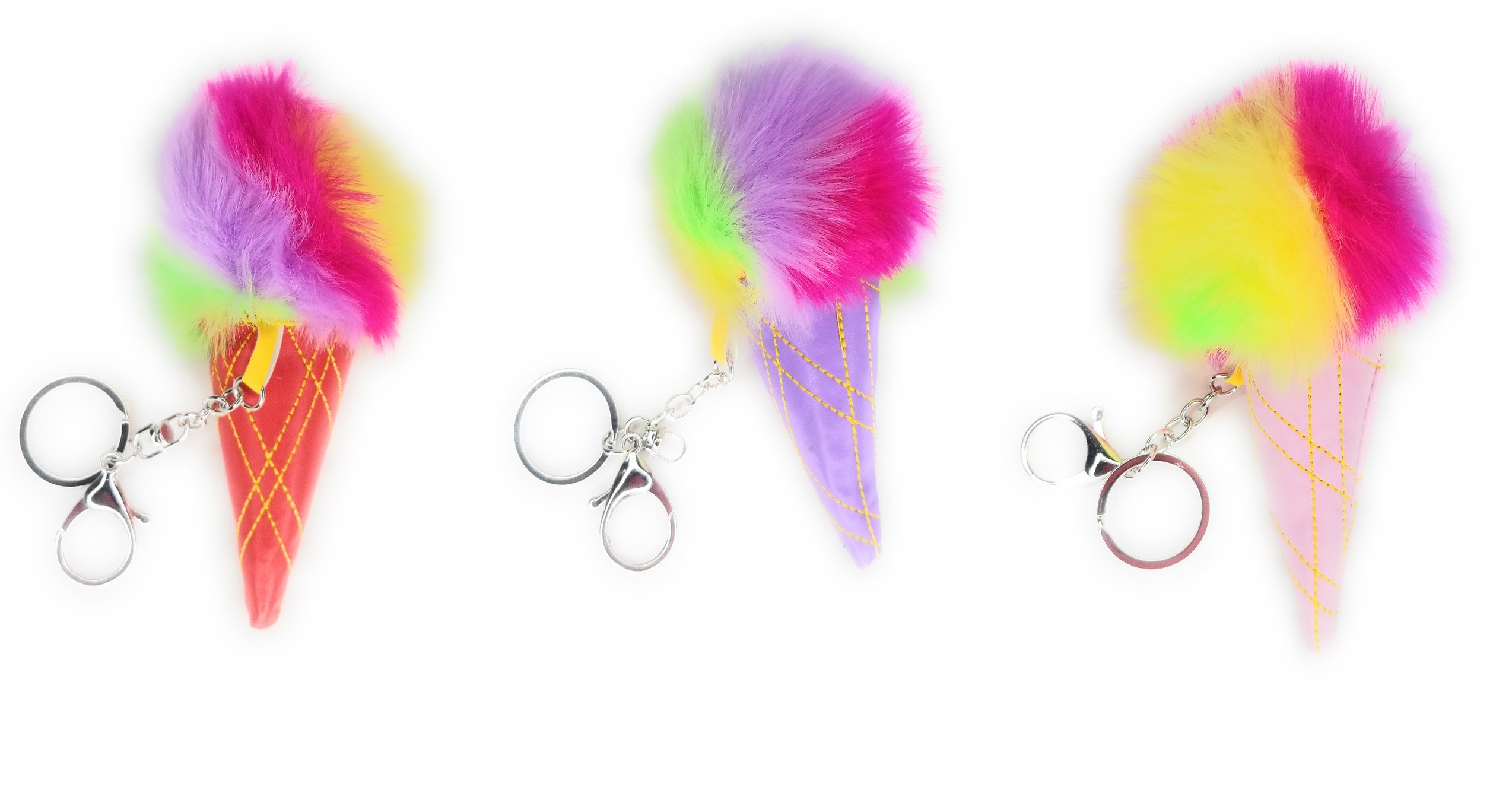 Plush Ice Cream Cone Keychain, Rainbow Fluffy Pom